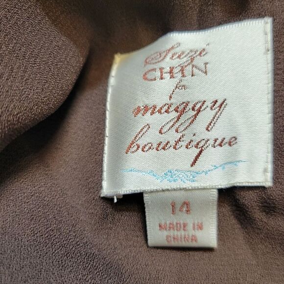 Suzi Chin for Maggy Boutique 100% Silk Chiffon Midi Dress Chocolate Brown NEW - Picture 10 of 13